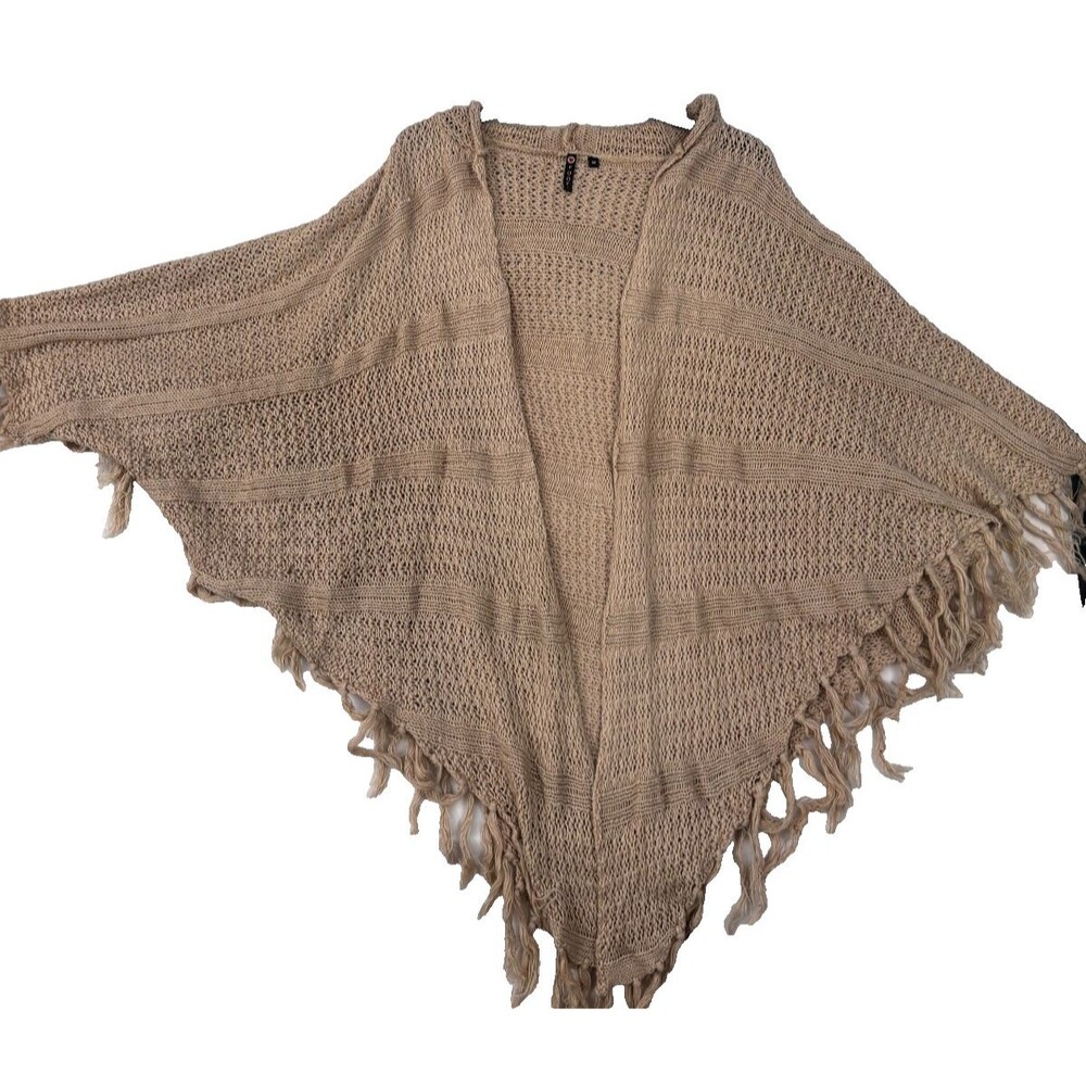 Poof! Women’s Medium Knit Poncho Beige Fringe Boho Sweater Shawl Made in India